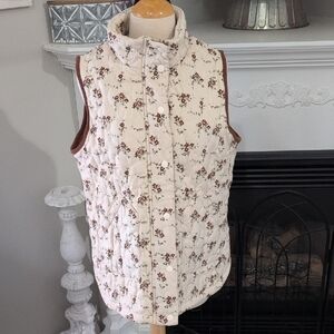 Floral Print Quilted Vest - Cream With Brown Flowers Size Medium